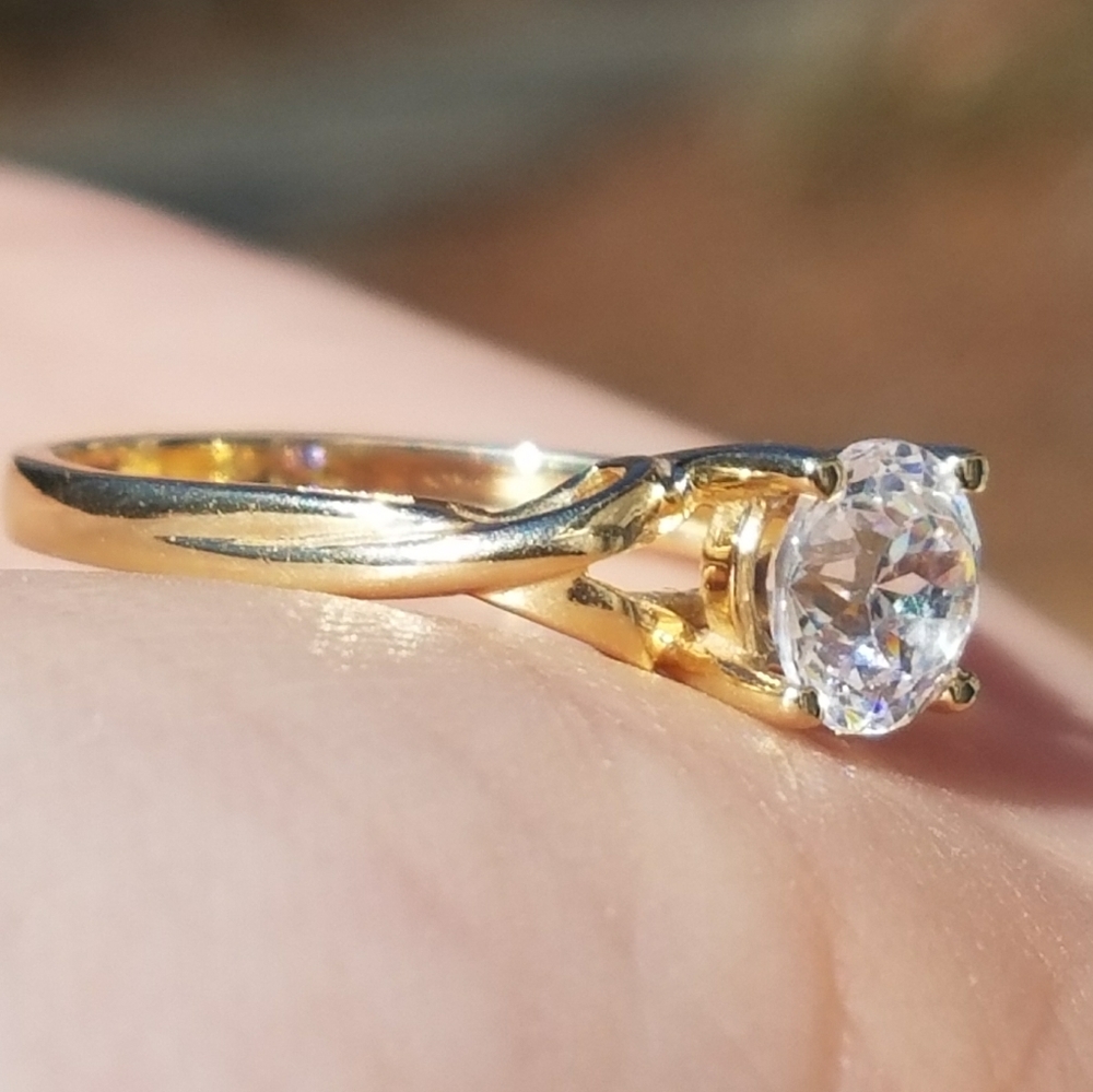 14k Solid Yellow Gold Diamonique Engagement Ring - Picture 3 of 8